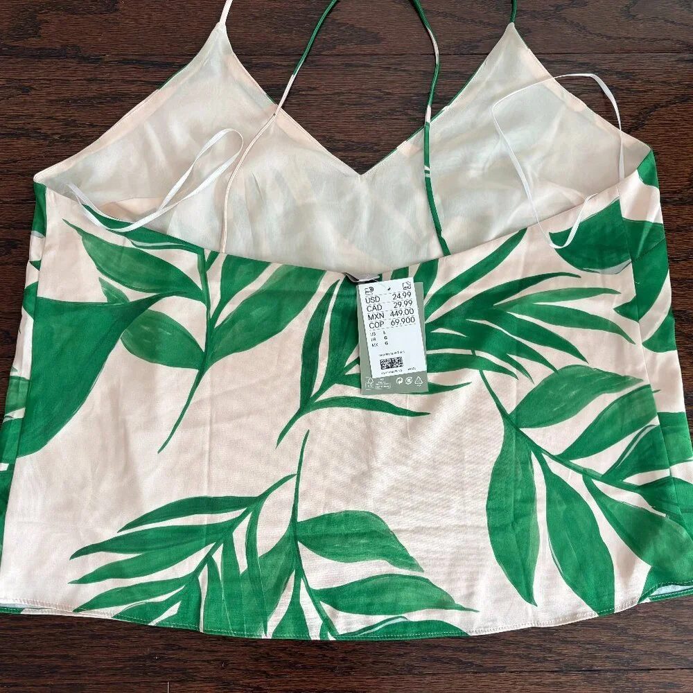 H&M Tropical Palm Print Ivory & Green Satin Camisole Tank - SZ L NEW w Tags - Picture 2 of 4